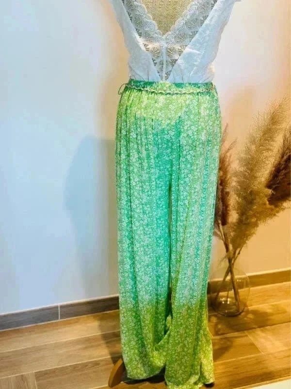 Pantalon fluide Palazzo verde e flor branca especial grande – photo 7